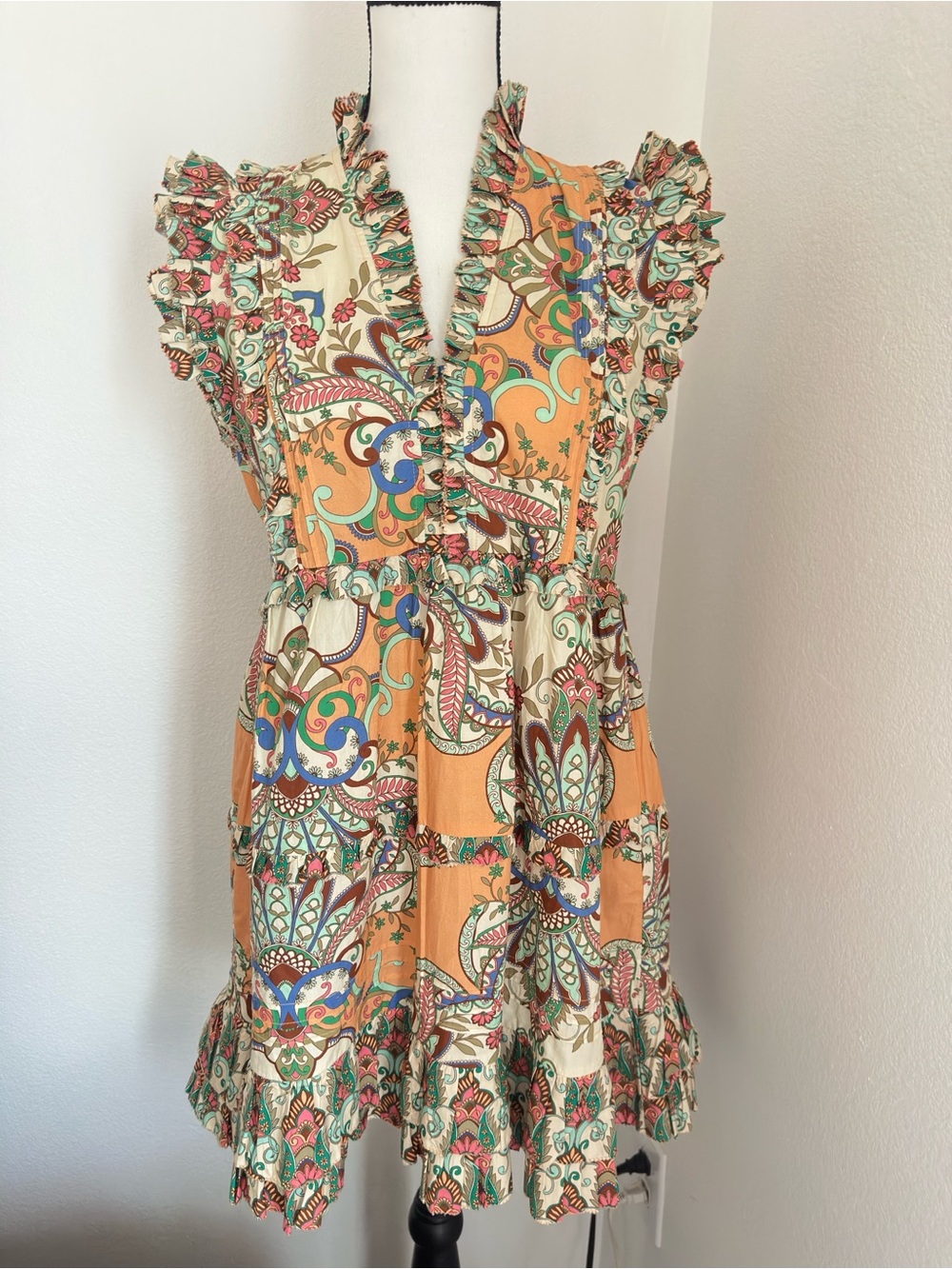 Ruffled V-Neck Mini Dress in Orange and Cream